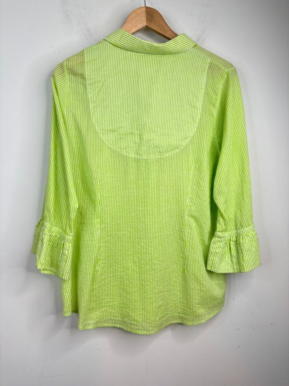 Gretchen Scott Cotton Priss Blouse L Lime Green White Striped Ruffle Bell Sleeve - Picture 5 of 10